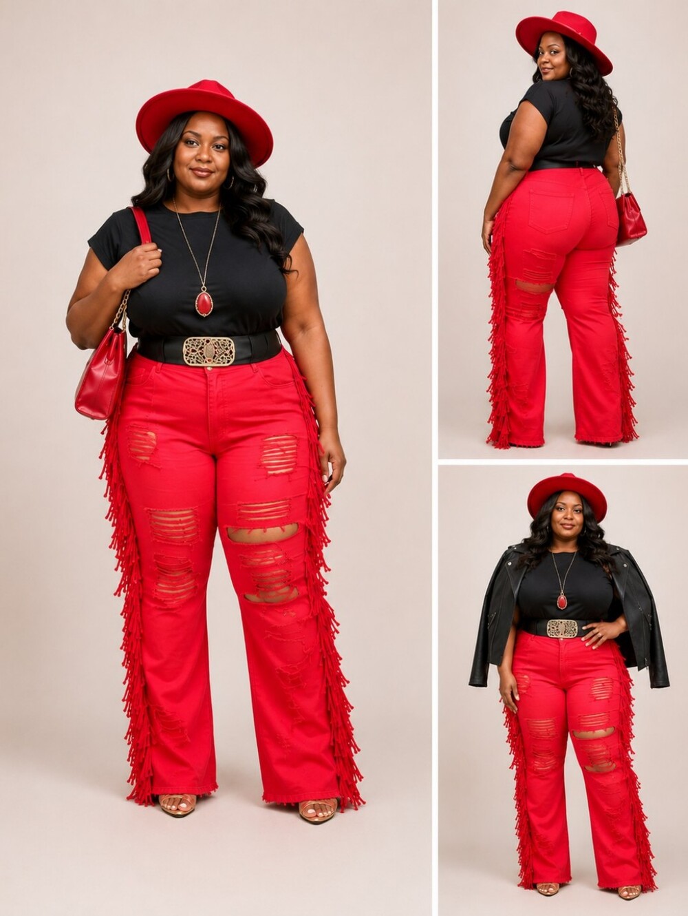 M.A.P Red Fringe Tassel Distressed Jeans | Plus Size 3XL | High-Rise Statement